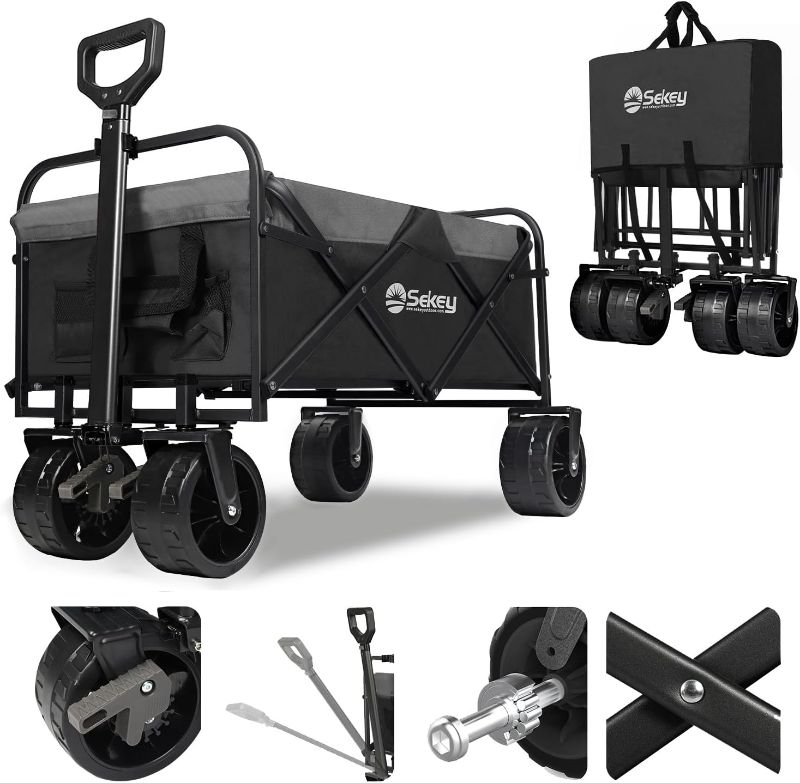 Photo 1 of Sekey Heavy Duty Foldable Wagon with 220lbs Weight Capacity, Collapsible Folding Utility Garden Cart with Big All-Terrain Beach Wheels & Drink Holders.Black&Grey