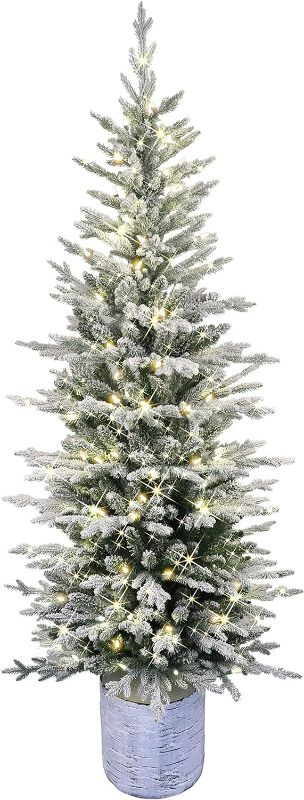Photo 1 of Puleo International Pre-Lit Potted Flocked Arctic Fir Pencil Artifical Artificial Christmas Tree