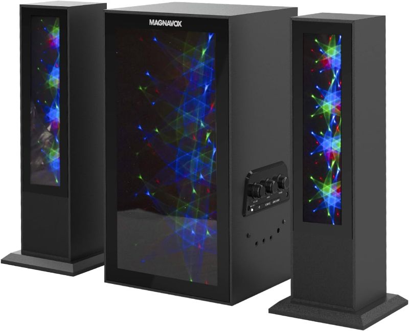 Photo 1 of Magnavox MHT990 2.1 Home Entertainment System with Bluetooth Wireless Technology and Color Changing Lights in Black | AUX Port | Subwoofer with 2 Speakers | Pulsing Lights