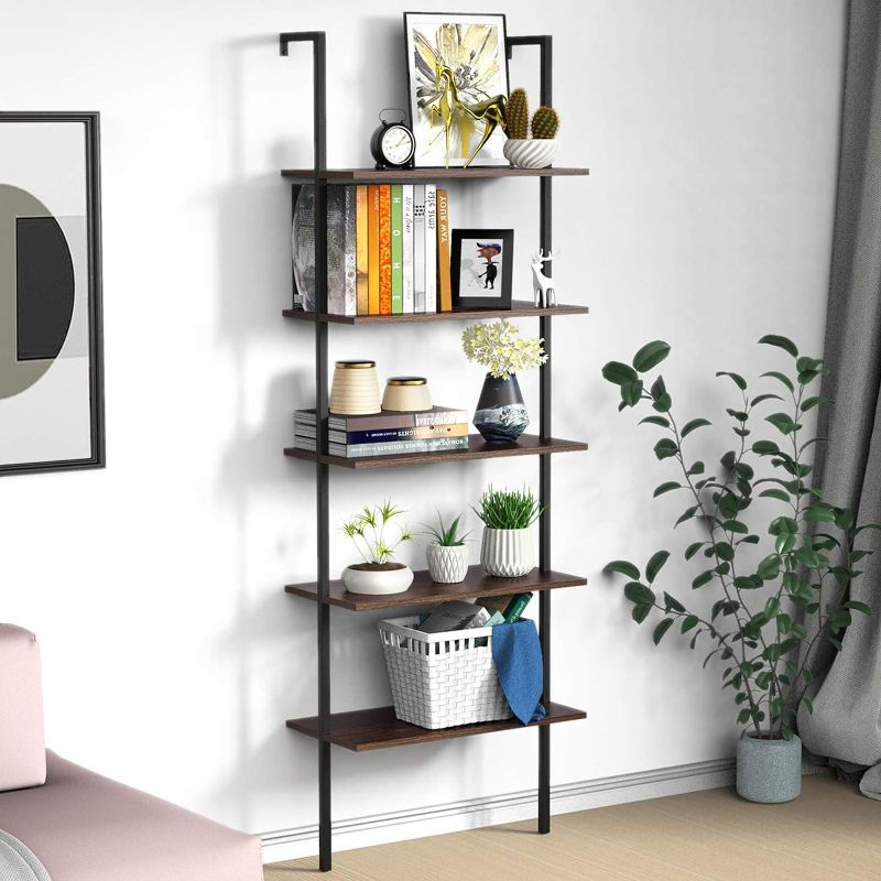 Photo 1 of UVII Ladder Shelf Industrial Bookshelf, 5-Tier Ladder Bookshelf with Metal and Wood, Wall Mounted Modern Bookcase Display Shelf Organizer for Home Office, Bedroom and Living Room, Dark Walnut