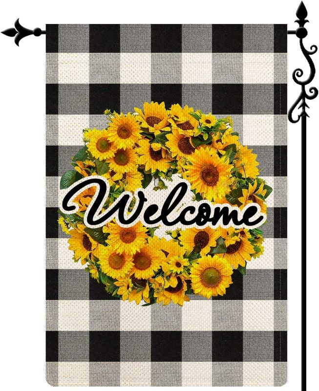 Photo 1 of COSKAKA Sunflowers Wreath Welcome Small Garden Flag Vertical Double Sided Black White Buffalo Check Plaid Rustic Farmhouse Burlap Flag Yard Outdoor Decoration Seasonal Flag 12.5 x 18