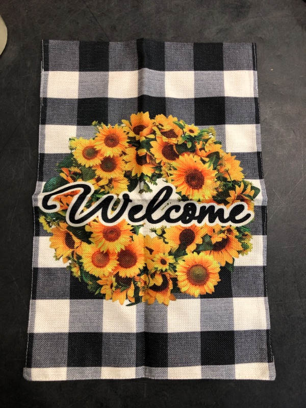 Photo 2 of COSKAKA Sunflowers Wreath Welcome Small Garden Flag Vertical Double Sided Black White Buffalo Check Plaid Rustic Farmhouse Burlap Flag Yard Outdoor Decoration Seasonal Flag 12.5 x 18