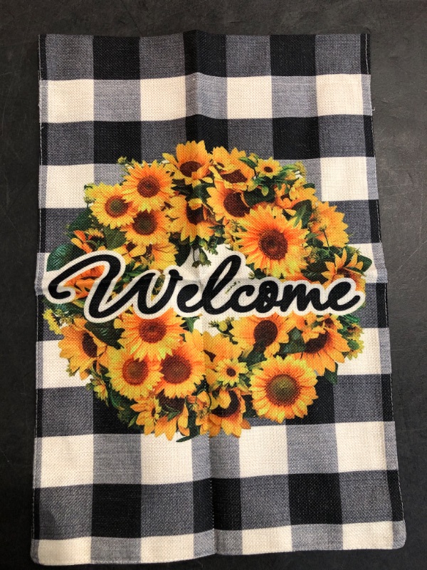 Photo 2 of COSKAKA Sunflowers Wreath Welcome Small Garden Flag Vertical Double Sided Black White Buffalo Check Plaid Rustic Farmhouse Burlap Flag Yard Outdoor Decoration Seasonal Flag 12.5 x 18