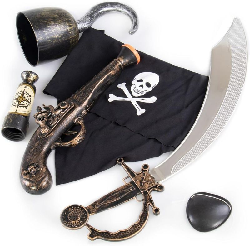 Photo 1 of Caribbean Pirate Accessory Kit - Cool Extras for Sea Worthy Swashbuckling Halloween Costume - Classic Plastic Cutlass Sword, Hook, Spyglass Telescope, Flintlock, Eyepatch, & Cloth Bandana, 6 Pieces