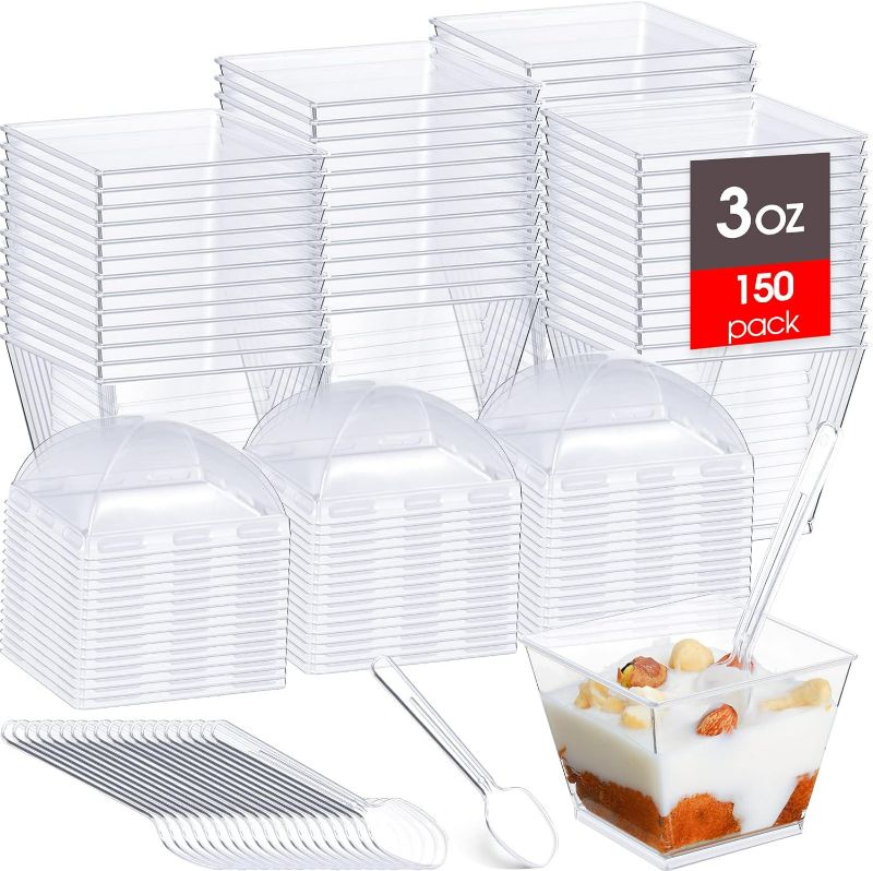 Photo 1 of 150 Pack 3 oz Dessert Cups Square Plastic Clear Appetizer Cups with Lids and Spoons, Small Parfait Cups Pudding Cups Mini Dessert Containers Serving Cups for Party Desserts Appetizers Puddings Mousse
