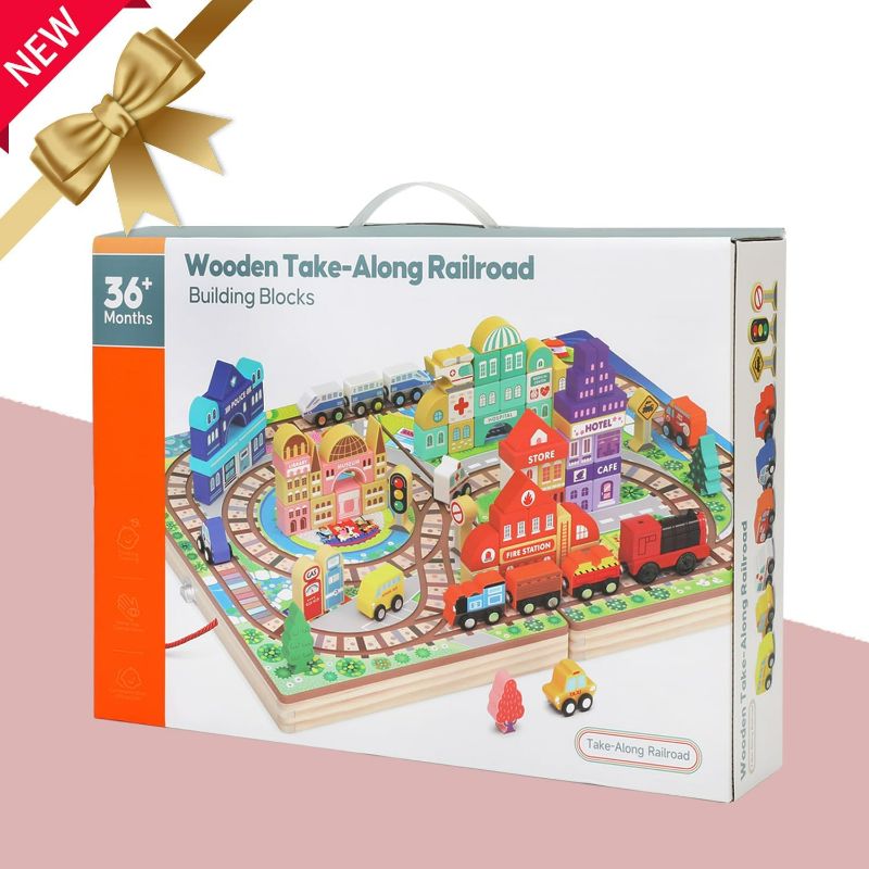 Photo 1 of Wooden Building Blocks Set, Electric Train City Construction Stacking Blocks Preschool Learning Educational Toys,Toddler Toys for 3+ Year Old Boy and Girl Gifts