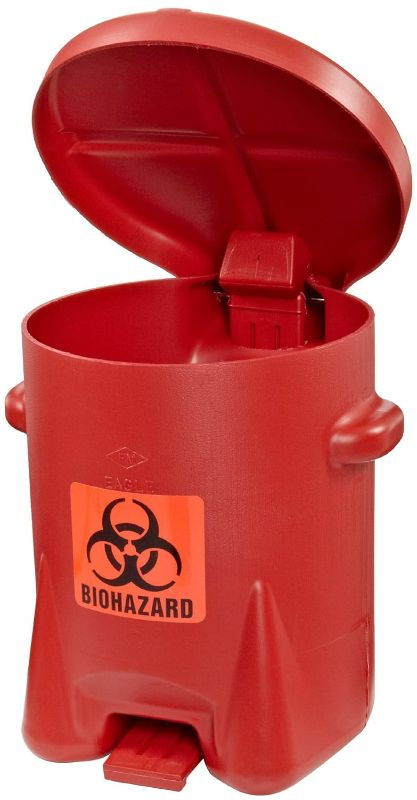 Photo 1 of Biohazardous Waste Polyethylene Safety Can with Foot Lever, 6 Gallon Capacity, Red