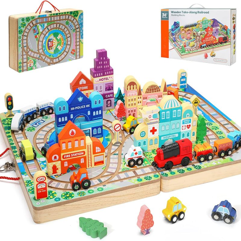 Photo 2 of Wooden Building Blocks Set, Electric Train City Construction Stacking Blocks Preschool Learning Educational Toys,Toddler Toys for 3+ Year Old Boy and Girl Gifts