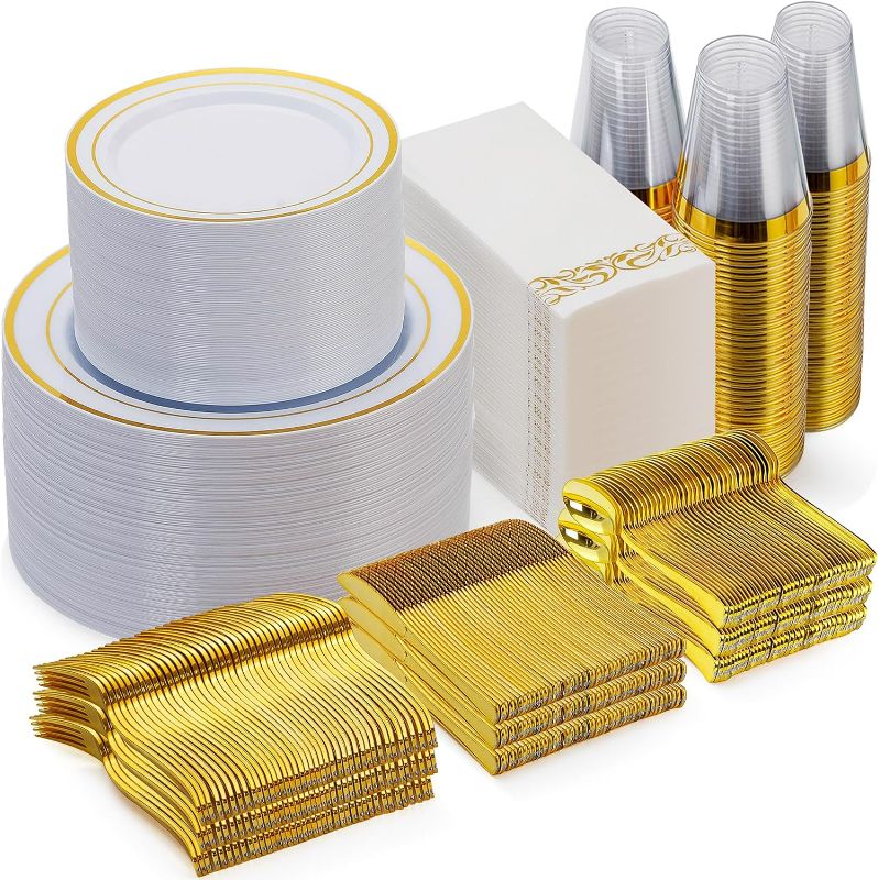 Photo 1 of 700 Piece Gold Dinnerware Set for 100 Guests, Disposable for Party, Include: 100 Gold Rim Dinner Plates, 100 Dessert Plates, 100 Paper Napkins, 100 Cups, 100 Gold Plastic Silverware Set