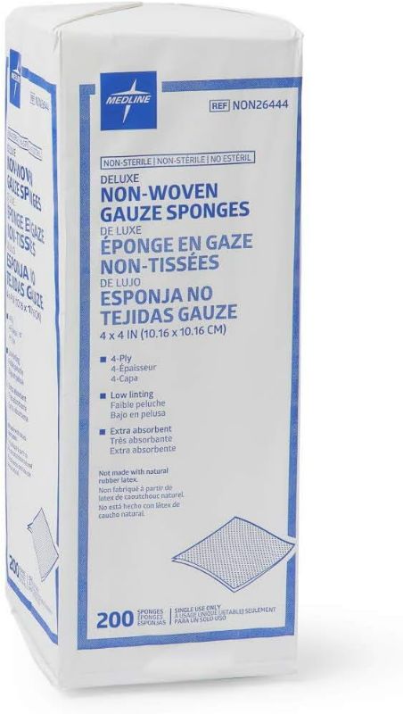 Photo 1 of Medline Deluxe Gauze Sponge, Non-Sterile, Nonwoven, Absorbent, Low Linting, Fast Wicking, 4-Ply, 4" x 4" (Pack of 2000)
