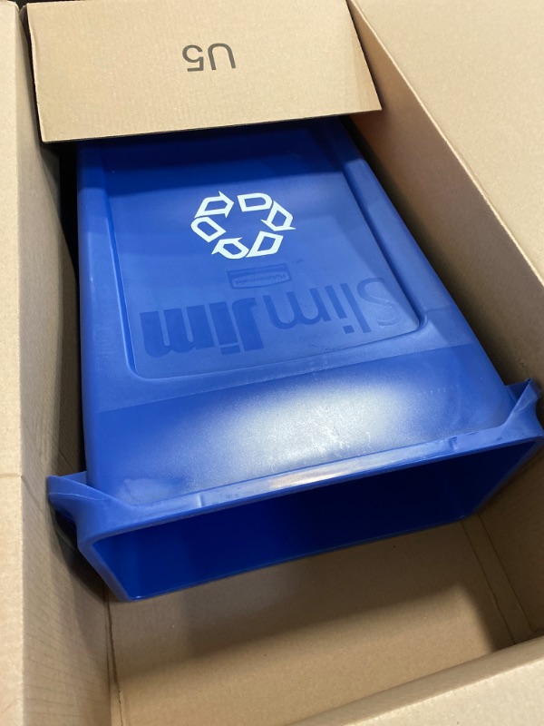 Photo 2 of Rubbermaid Commercial Products Slim Jim Plastic Rectangular Recycling Bin with Venting Channels, 23 Gallon, Blue Recycling (FG354007BLUE)
