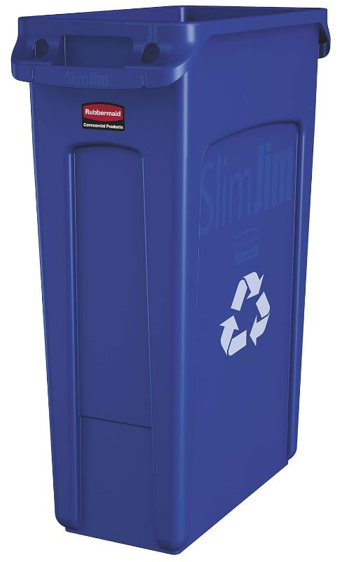 Photo 1 of Rubbermaid Commercial Products Slim Jim Plastic Rectangular Recycling Bin with Venting Channels, 23 Gallon, Blue Recycling (FG354007BLUE)
