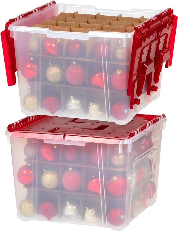 Photo 1 of IRIS USA Ornament Storage Box with Attached Lid, Stores 75 Ornaments per Bin, 2-Pack, Stackable Durable Christmas Storage Organization Container Bin for Holiday Decorations and Accessories, Clear/Red
