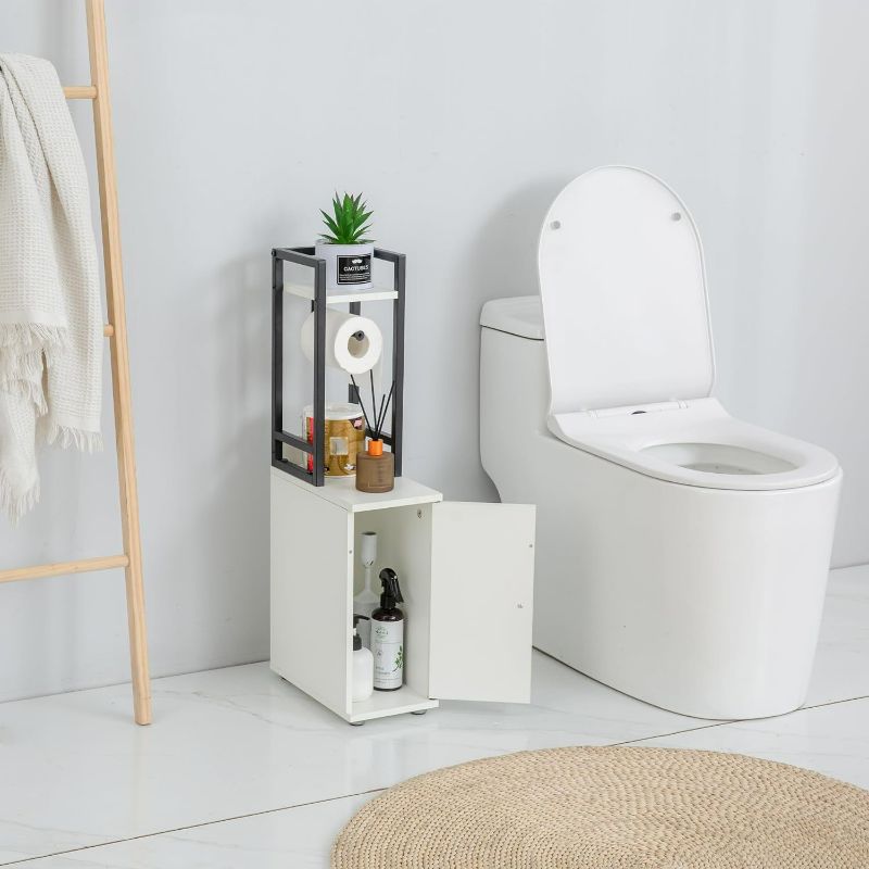 Photo 1 of SUNTAGE Small Bathroom Storage Cabinet, Narrow Side Bathroom Organizer w/Toilet Paper Roll Holder and Metal Frame, Slim Toilet Paper Storage Cabinet for Bathroom, White
