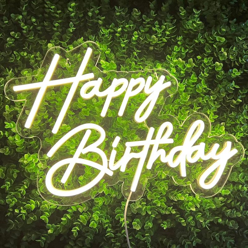 Photo 1 of Happy Birthday Neon Sign for Wall Decor, Warm White LED Neon Light Signs, Art Decoration Happy Birthday Neon Light Sign for All Birthday Party Decoration
