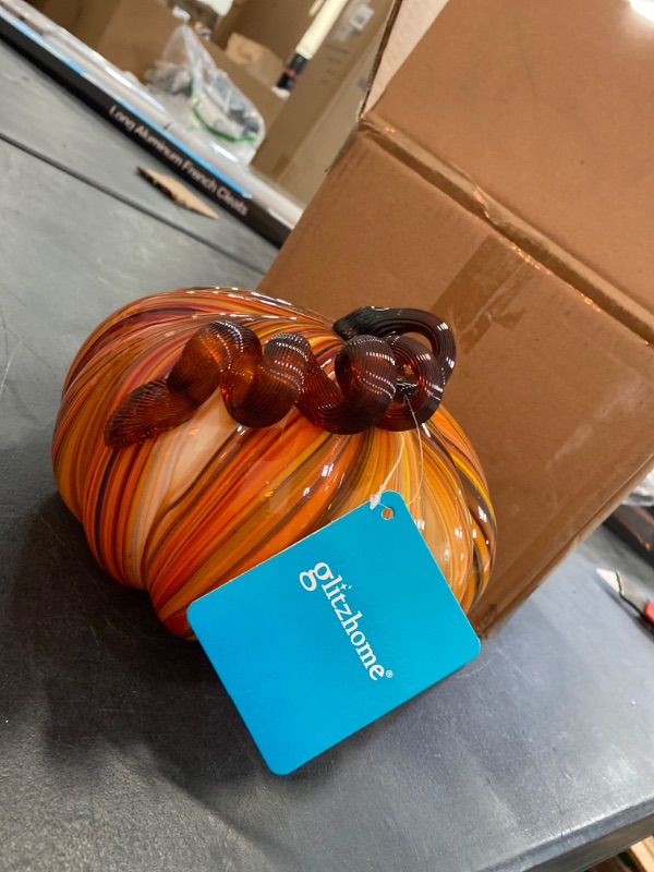 Photo 2 of glitzhome 6.5 Inch Hand Blown Rainbow Striped Glass Pumpkin Table Accent
