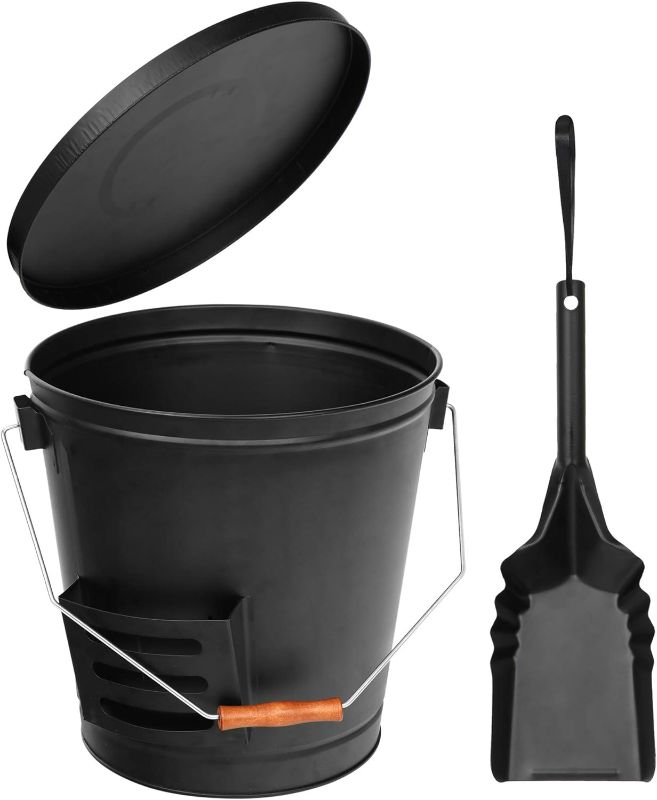 Photo 1 of F2C Ash Bucket with Lid and Shovel 5.15 Gallon Large Galvanized Metal Coal and Hot Ash Pail for Fireplace, Fire Pits, Wood Burning Stoves, Grill, Outdoor, Black

