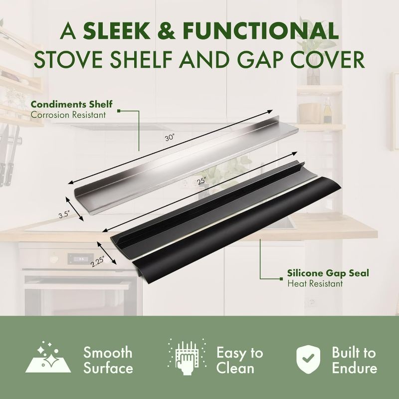 Photo 2 of LEVIE Stove's Essential Set: Stove Top Spice Rack & Silicone Stove Gap Covers, 30" Stainless Steel Shelf With Customizable Stove Sides Gap Filler (1 Stove Top Spice Rack & 2 Stove Gap Covers)
