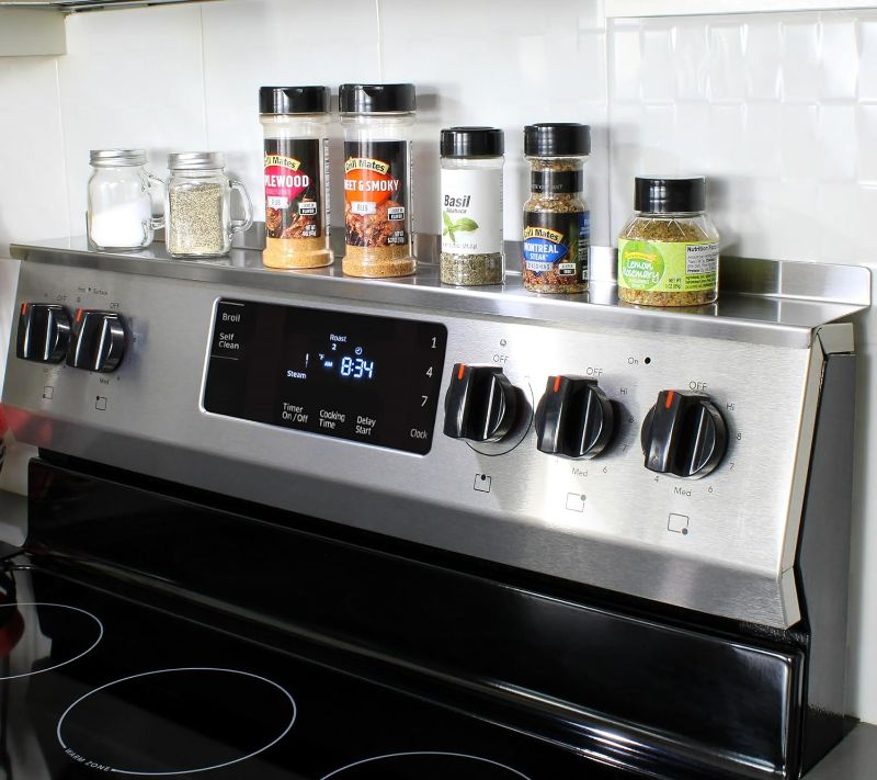 Photo 1 of LEVIE Stove's Essential Set: Stove Top Spice Rack & Silicone Stove Gap Covers, 30" Stainless Steel Shelf With Customizable Stove Sides Gap Filler (1 Stove Top Spice Rack & 2 Stove Gap Covers)
