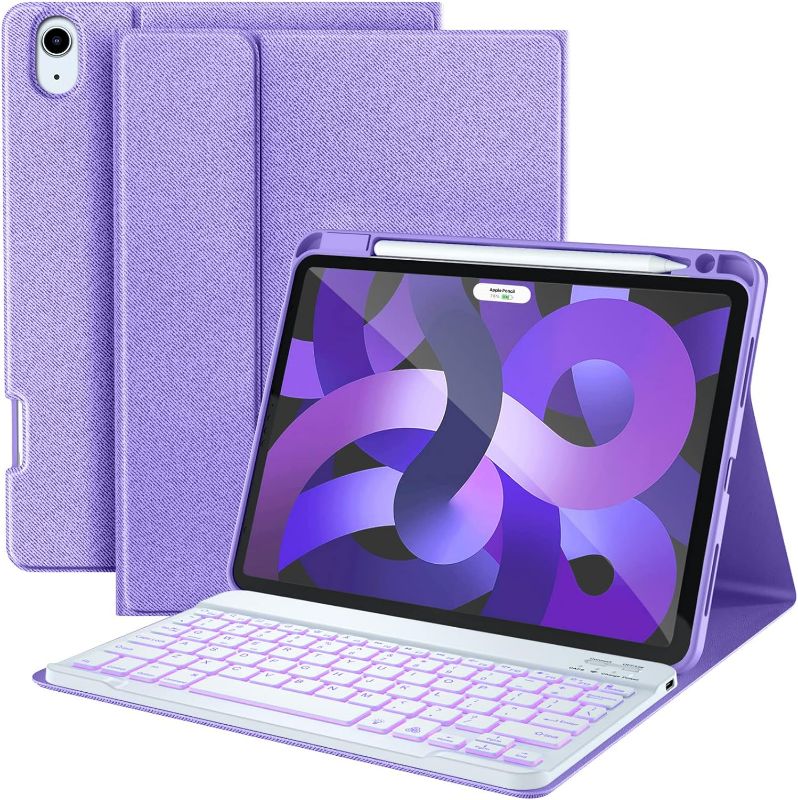 Photo 2 of Harvopu iPad Air 5th Generation Case with Keyboard - 7 Color Backlight Detachable Keyboard Tablet Cover with Pencil Holder for iPad Air 5th Gen 2022/iPad Air 4th Gen 2020 10.9, Purple