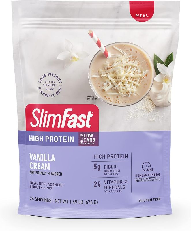 Photo 1 of SlimFast High Protein Meal Replacment Powder, 26 Servings, Advanced Nutrition Smoothie Mix with Vitamin and Mineral Blend, Gluten Free, Vanilla Cream