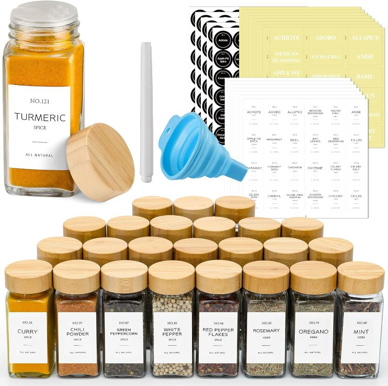 Photo 1 of 24 Pcs Glass Spice Jars with Bamboo Lids, 4 oz Glass Jars with Minimalist Farmhouse Spice Labels Stickers, Collapsible Funnel, Seasoning Storage Bottles for Spice Rack, Cabinet, Drawer