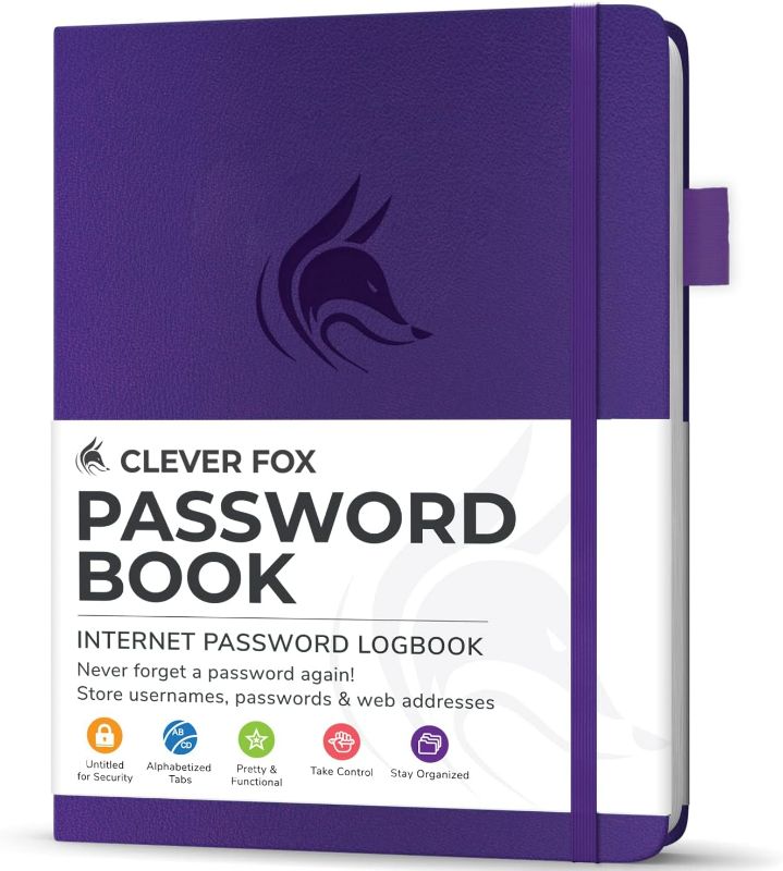 Photo 1 of Clever Fox Password Book with tabs. Internet Address and Password Organizer Logbook with alphabetical tabs. Small Pocket Size Password Keeper Journal Notebook for Computer & Website Logins (Purple)