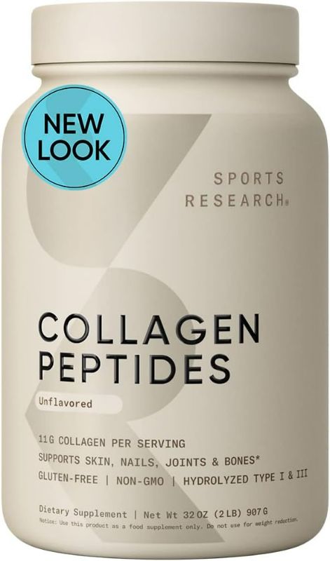 Photo 1 of Sports Research Collagen Peptides - Hydrolyzed Type 1 & 3 Collagen Powder Protein Supplement for Healthy Skin, Nails, & Joints - Easy Mixing Vital Nutrients & Proteins, Collagen for Women & Men