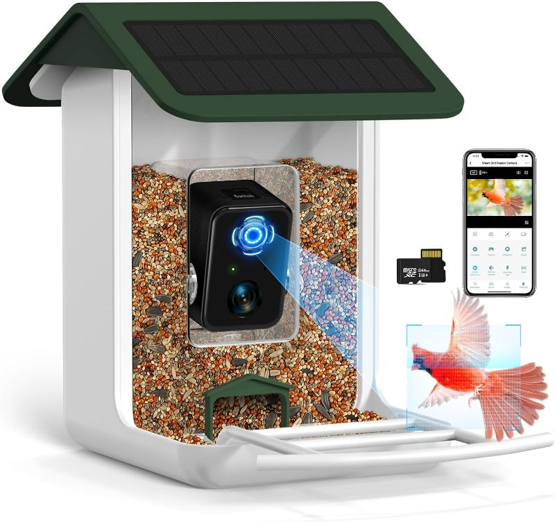 Photo 1 of  Smart Bird Feeder Camera, Free AI Forever, 1080P HD Camera Auto Capture Bird Videos & Solar Panel, App Notify When Birds Detected, Bird House with Built-in Two-Way Microphone (Green)