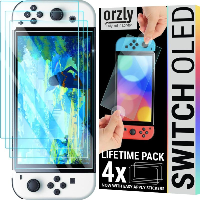 Photo 1 of Orzly Glass Screen Protector for Nintendo Switch OLED 2023 Console Accessories (Pack of 4) - Tempered Glass Life time Edition