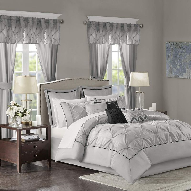 Photo 1 of Madison Park Essentials Room in a Bag Faux Silk Comforter Set - Luxe Diamond Tufting All Season Bedding, Matching Curtains, Decorative Pillows, Grey, Oueen Set