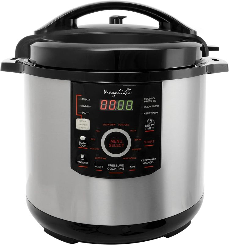 Photo 1 of MegaChef 12 Quart Digital Pressure Cooker with 15 Preset Options and Glass Lid, Silver
