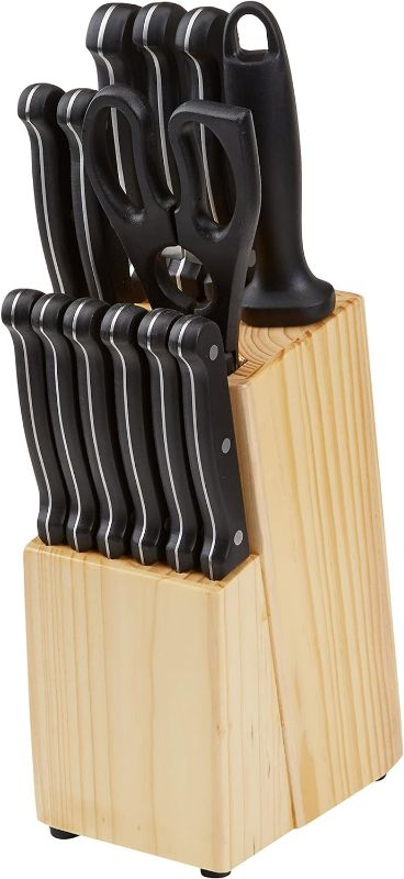 Photo 1 of Amazon Basics 14-Piece Kitchen Knife Set with High-Carbon Stainless-Steel Blades and Pine Wood Block, Black

