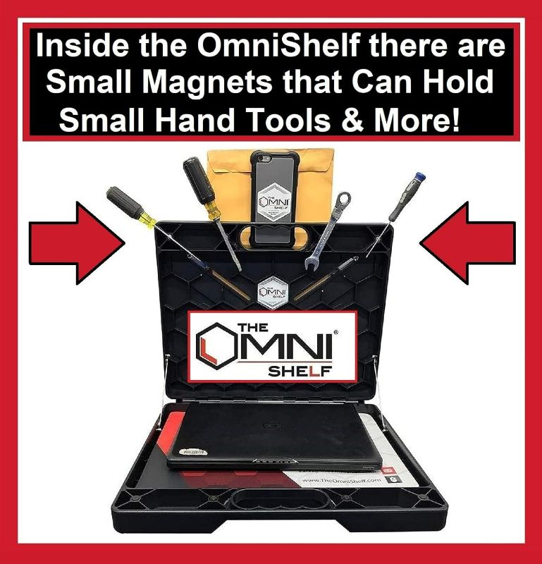 Photo 2 of The OmniShelf Magnetic Portable Workstation + Toolbox, Computer & Laptop Stand, Multimeter Case, Utility Shelf w/ 40 lb Capacity, Hands Free Workstation Attaches to HVAC, Truck, Cabinet, etc (Magnets)
