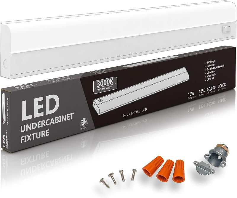 Photo 1 of Hardwired LED Under Cabinet Task Lighting - 16 Watt, 24", Dimmable, CRI>90, 3000K (Warm White), Wide Body, Long Lasting Metal Base with Frost Lens

