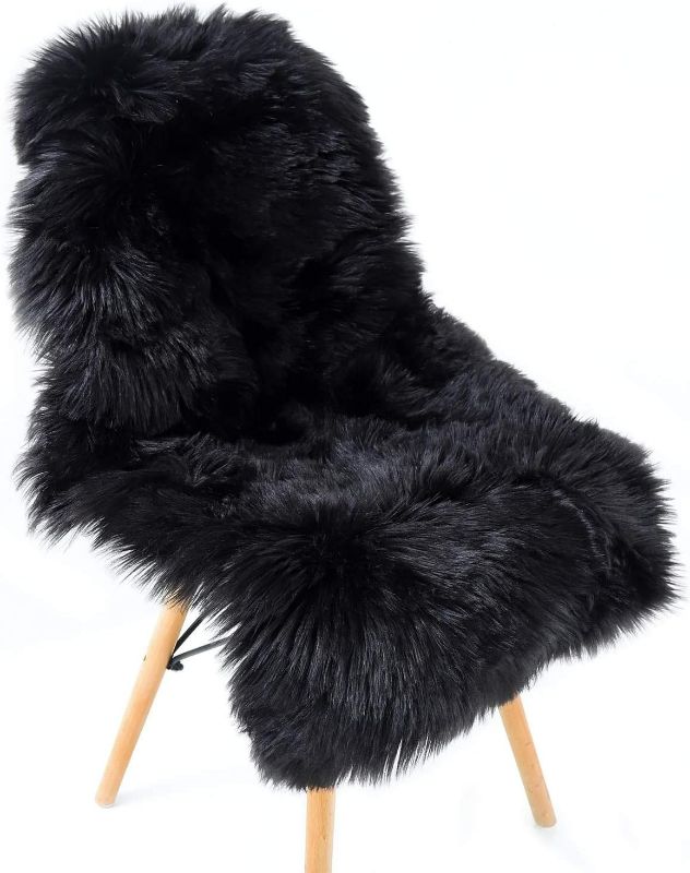 Photo 2 of OKAYDA Genuine New Zealand Sheepskin Area Rug Soft Lambskin Decorative Rug for Bedroom Sofa Floor One Pelt (Black 1pelt)
