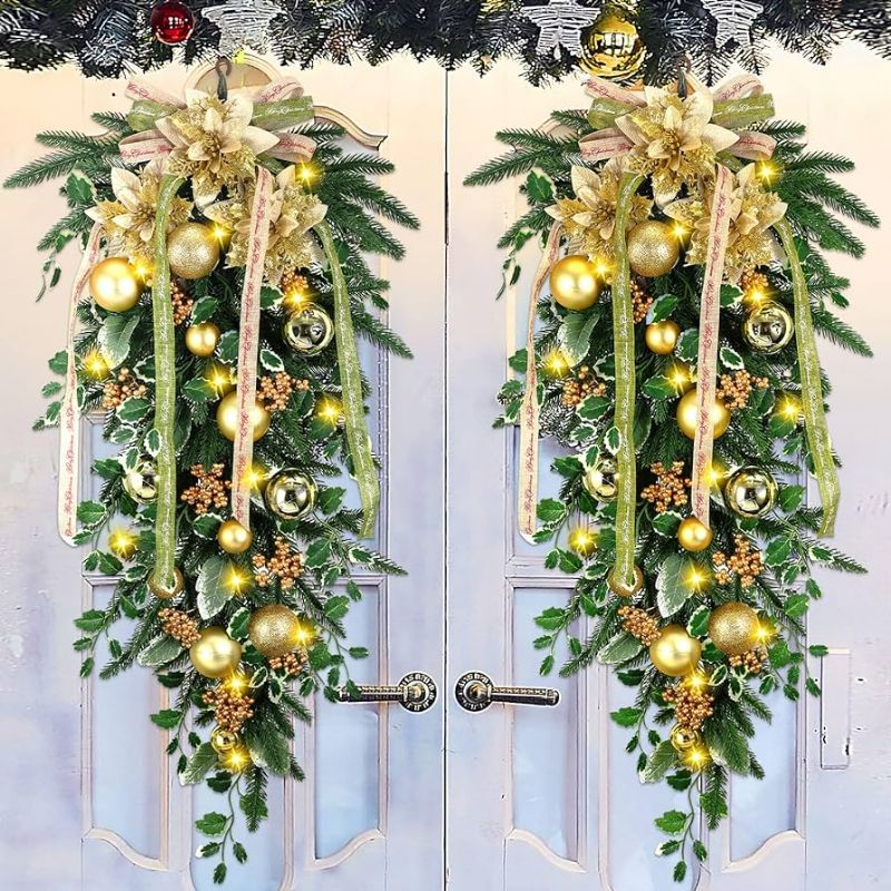Photo 1 of Hotop 2 Pcs 36 Inches Pre-lit Christmas Swags Artificial Teardrop Wreath with Branches Gold Ball Ornament Berries Led Swag Garlands for Wall Stairway Fireplace Hanging Front Door Xmas Decor
