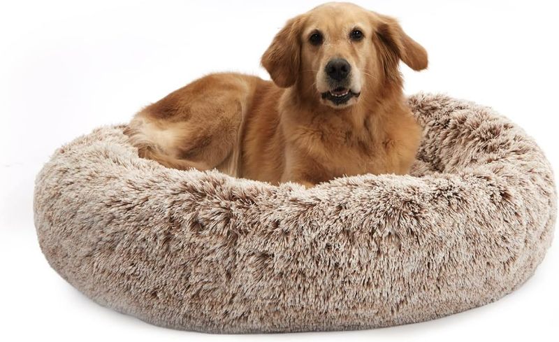 Photo 1 of Bedfolks Calming Donut Dog Bed, 36 Inches Round Fluffy Dog Beds for Large Dogs, Anti-Anxiety Plush Dog Bed, Machine Washable Pet Bed (Brown, Large)
