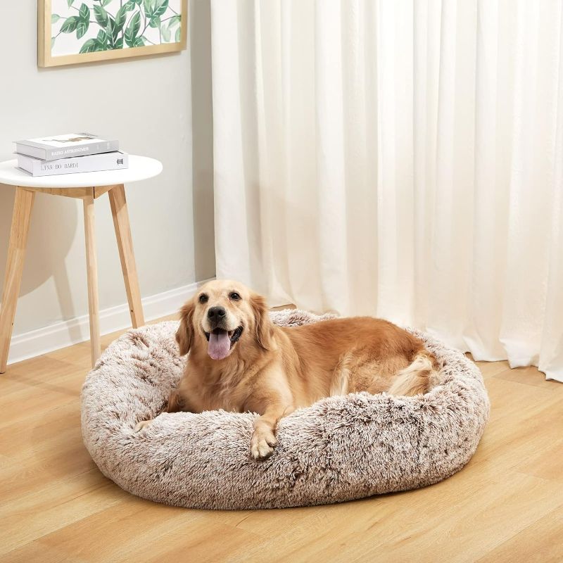 Photo 2 of Bedfolks Calming Donut Dog Bed, 36 Inches Round Fluffy Dog Beds for Large Dogs, Anti-Anxiety Plush Dog Bed, Machine Washable Pet Bed (Brown, Large)
