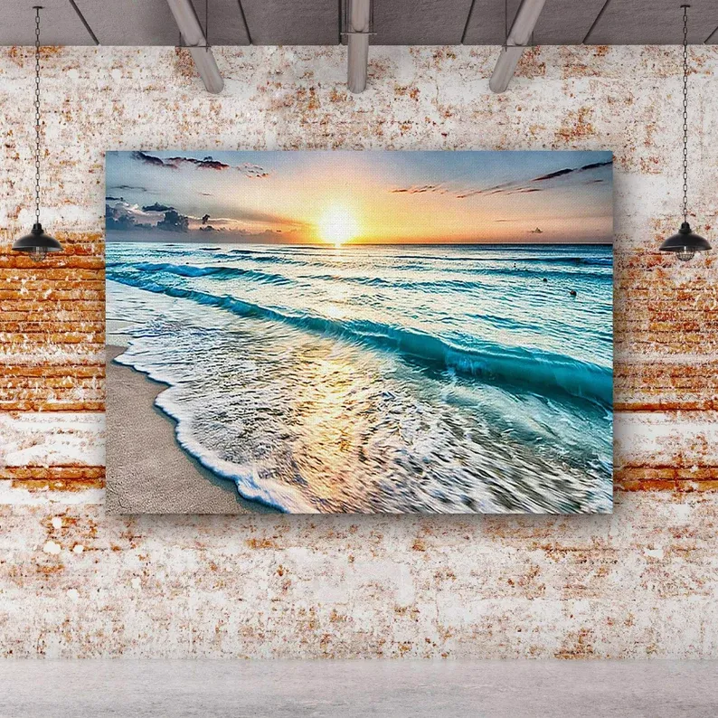 Photo 1 of Beach Ocean White Sand Sunset Canvas Wall Art Painting, Canvas Wall Art, Beach Landscape Posters, Wall Decoration, Modern Home Decor