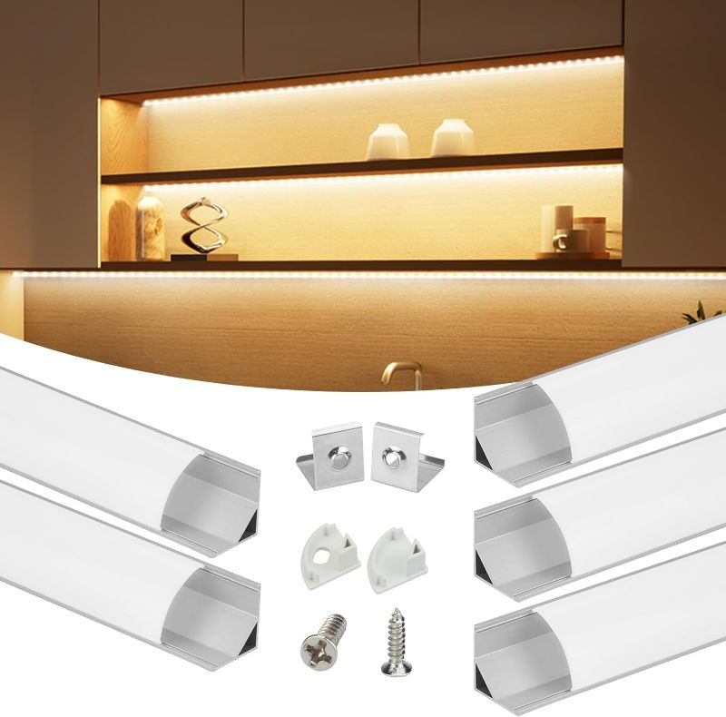 Photo 1 of Muzata 5Pack 3.3FT/1M V-Shape LED Channel System with Milky White Cover Lens Frosted, Silver Aluminum Extrusion Profile Housing Track for Strip Tape Lights for Under Cabinet V1SW 1M WW
