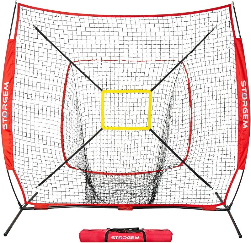 Photo 1 of Storgem Baseball and Softball Practice Net 7×7ft Portable Hitting Pitching Batting Training Net Baseball Backstop Net with Batting Tee and Strike Zone and Bow Frame