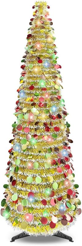 Photo 1 of 5FT Gold Christmas Tinsel Tree with 90 Colorful Lights, Pop-Up Design, and 8 Lighting Modes