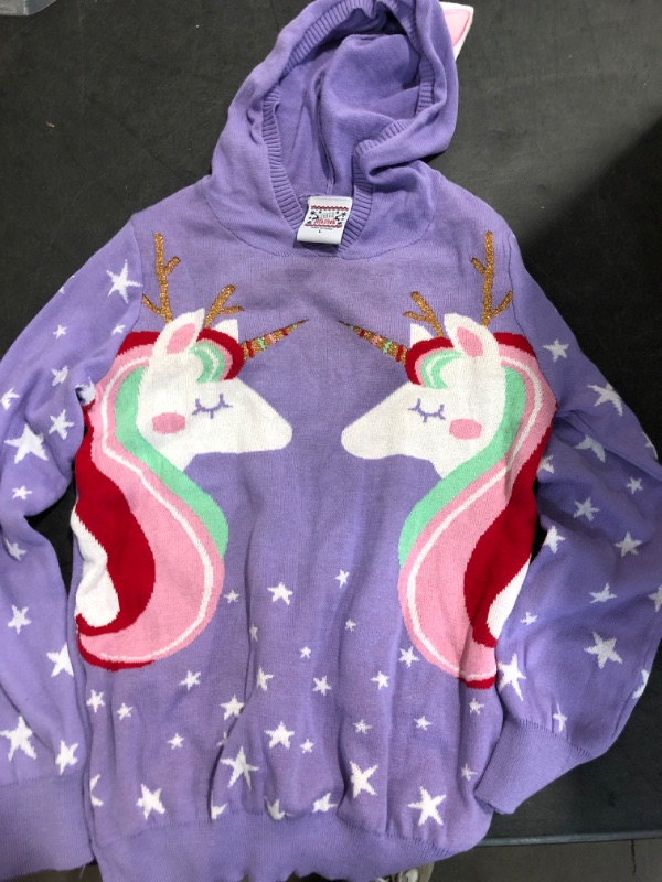 Photo 2 of Girls Unicorn Holiday Hooded Sweater Purple Size L