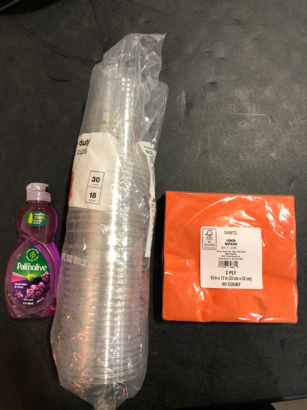 Photo 1 of Misc. Pack Of 3. Dish Soap, Plastic Cups, Orange Napkins