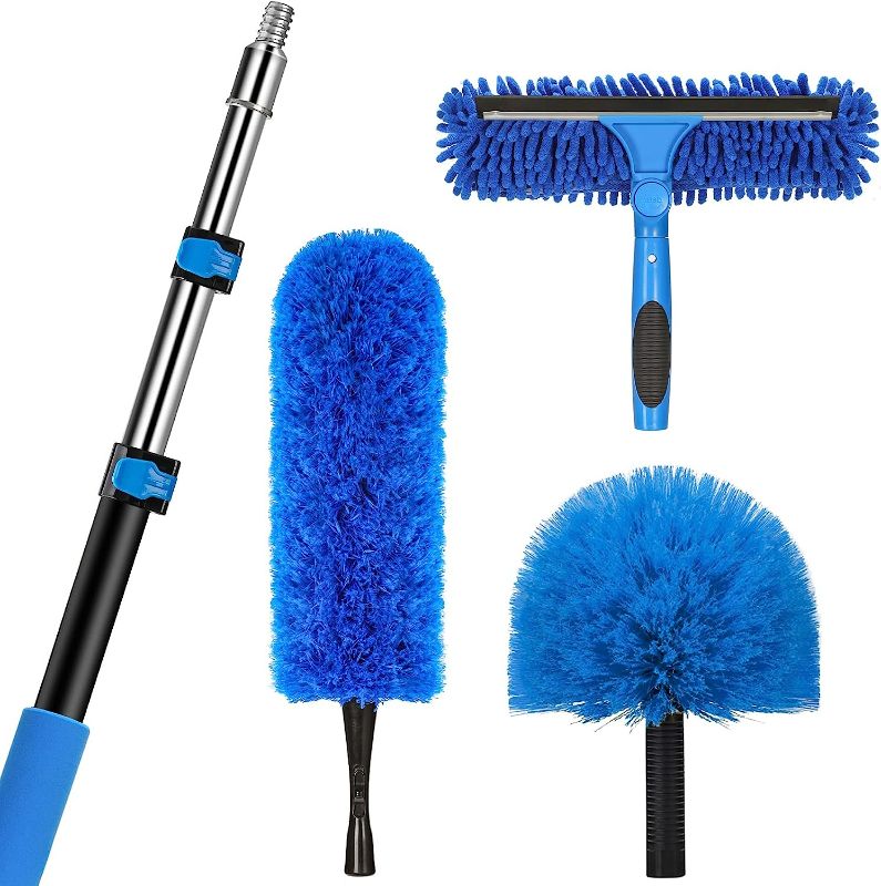 Photo 1 of 20 Feet High Reach Duster Kit with 5-12 Ft Extension Pole, Cobweb Duster with Telescoping Pole, Window Squeegee with Scrubber, Spider Web Brush, High Ceiling Fan Duster for High Window, Interior Roof