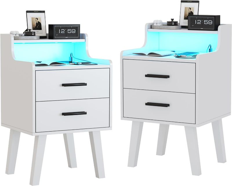 Photo 1 of Vabches White Nightstand with Charging Station,Night Stand Set 2 with Drawers& LED Lights,Bedside Tables with Legs,Modern nightstands for Bedroom