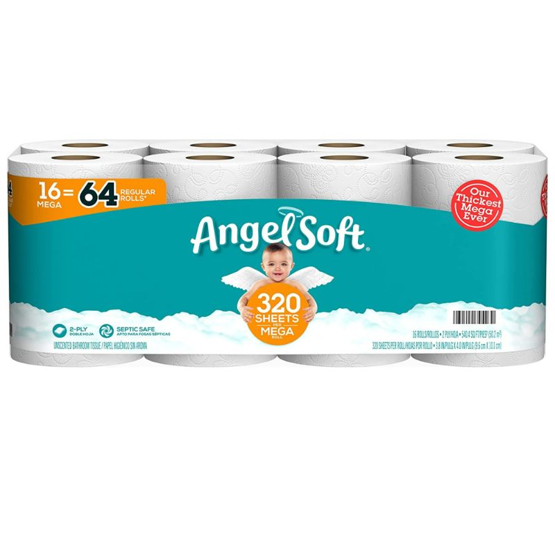Photo 1 of Angel Soft Toilet Paper, 2 Ply Tissue Roll - Ultra Soft, Clog & Septic Safe Bath Tissue for Home Kitchen Bathroom Hygiene Supplies (16 Mega Rolls = 64 Regular Rolls) 1 Pack