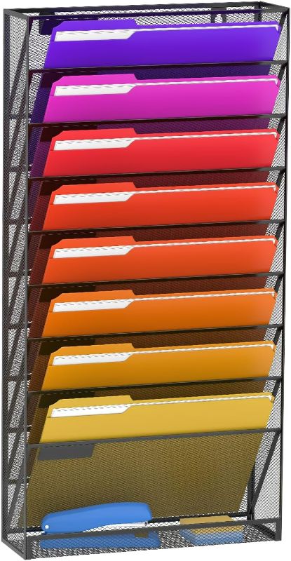 Photo 1 of JMHUD 10-Tier Wall File Organizer Mesh Hanging File Organizer, No Assembly, Hanging Wall Files for Papers, Folders, Magazines, Office Organization, Wall Organizer for Clipboard, Black