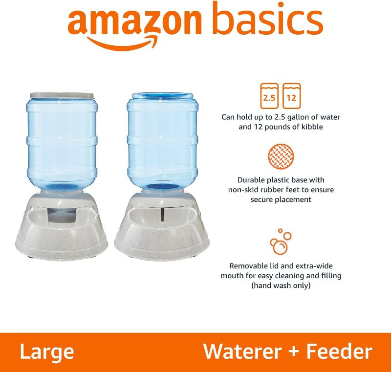 Photo 1 of Amazon Basics Automatic Dog Cat Water Dispenser Gravity Feeder and Waterer Set, Large, 12-Pound Food Capacity, 2.5-Gallon, Gray